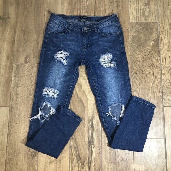 Denim Couture Red Mid Rise Distressed Blue Jeans Size 5 28X29 Skinny Frayed Rock - Picture 2 of 9